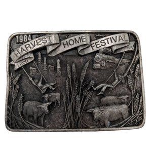 Leon Kansas Belt Buckle 1984  Harvest Home Festival Vintage Train Wheat Cattle
